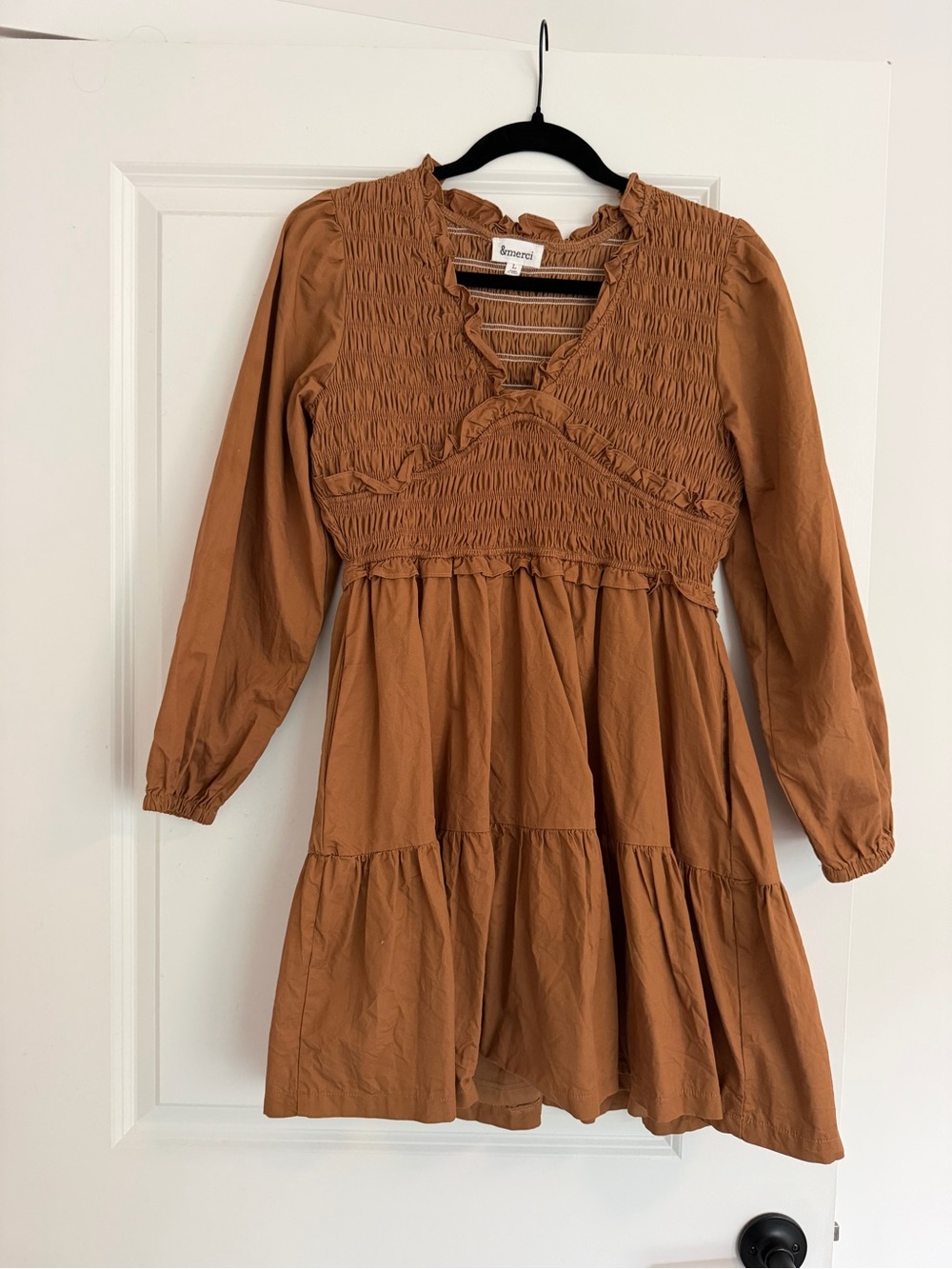 Smocked Tiered Mini Dress in Rust Brown